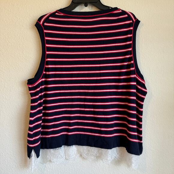 Preppy Sweater Vest Women XL Lace Hem Striped Classic Lightweight Tommy Hilfiger - Picture 3 of 9